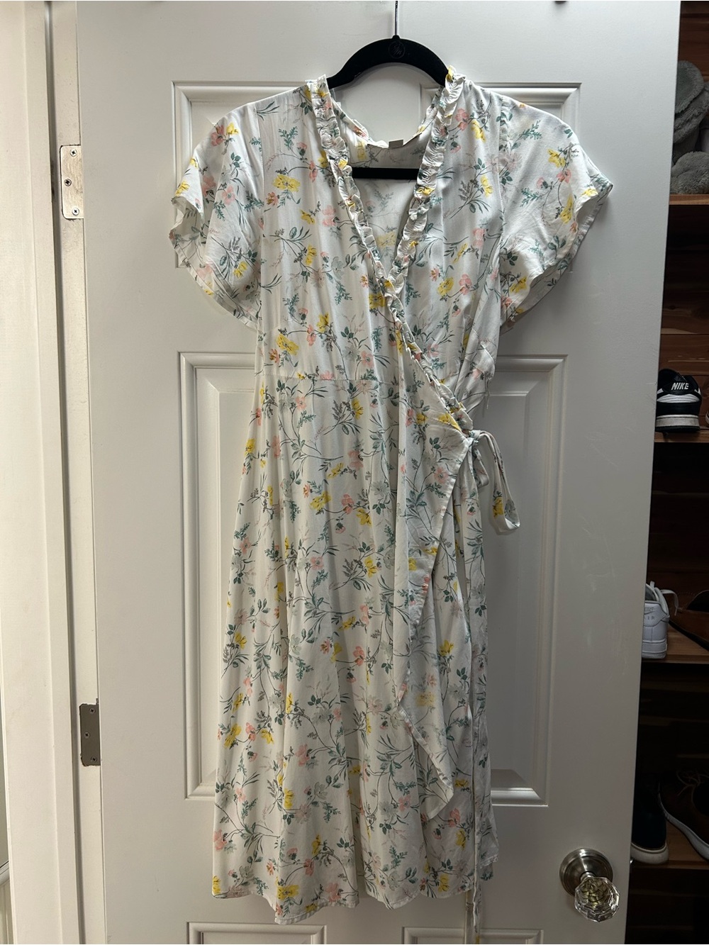 LOFT White Floral Wrap Mini Dress with Yellow & Pink Flowers - Picture 2 of 3